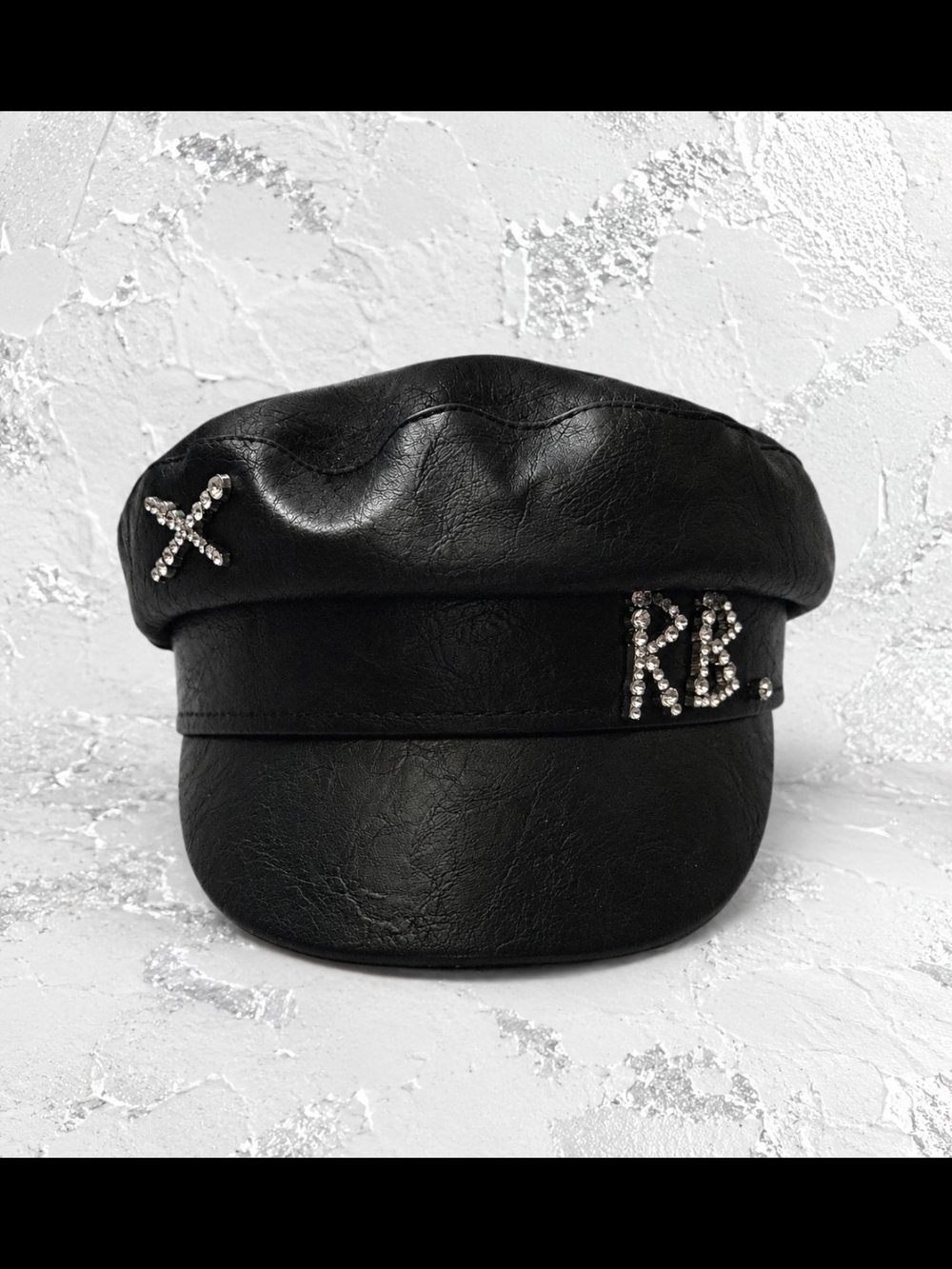 RB Black Crystal Embelished Faux Leather Captain's Hat